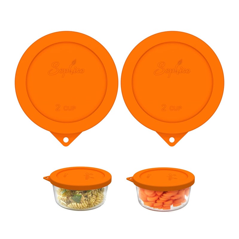 Sophico 2 Cup Round Silicone Storage Cover Lids Replacement for Anchor Hocking and Pyrex 7200-PC Glass Bowls (Container not Included) | Orange, 2 Pack | - Image 1